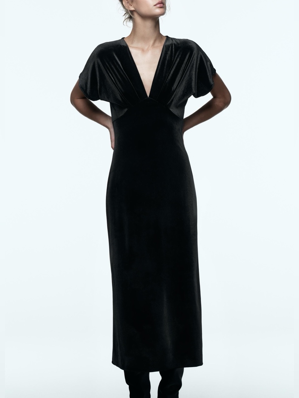 Zara Velvet Maxi Dress Gown V Neck Flutter Sleeve Minimalist Holiday Black NWT S